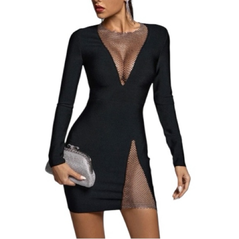 Bella Barnett Bandage Bodycon Rhinestone Mesh Mini Black Dress size L
